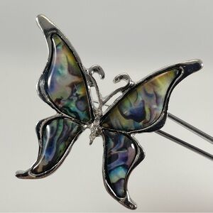 Silver Tone Faux Abalone Pearl Butterfly Brooch Pin Boho Vintage Look Statement